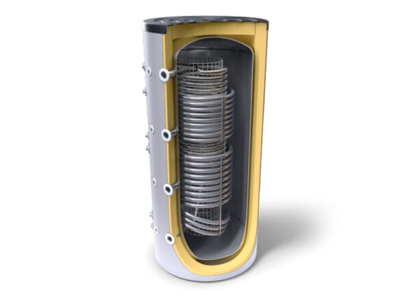 Boiler combinat pentru sisteme de încălzire și de apă caldă menajeră cu o serpentină sanitară și două schimbătoare de căldură